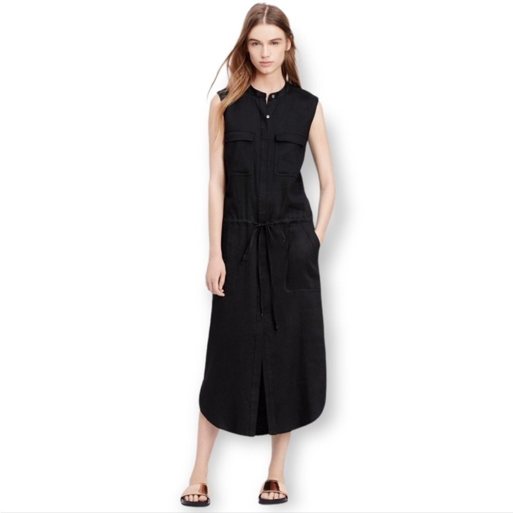 Vince Sleeveless Cargo Midi Dress Linen Blend Hidden Button Front Size S